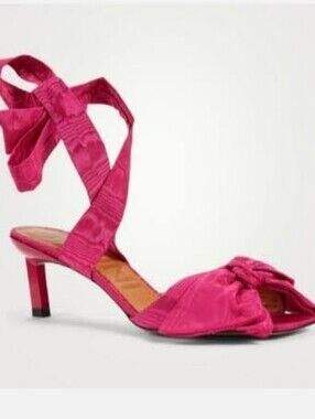 Ganni Bow Ankle Tie Heels 38 Hot Pink Open Toe Strappy Kitten Heel Party 7.5-8